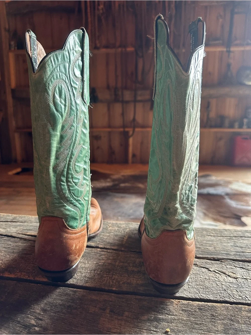 Larry Mahan Two-Tone Brown Foot with Green Shaft Western Boots